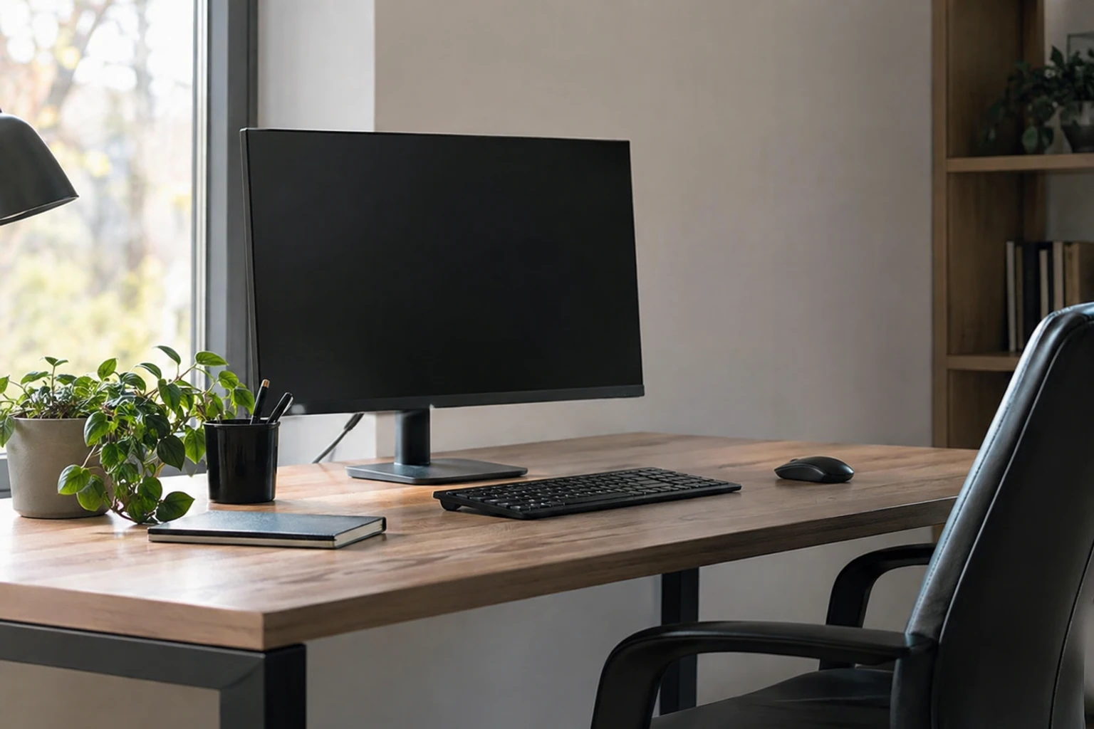 Écran PC sur pied réglable posé sur bureau en bois, clavier et chaise cuir