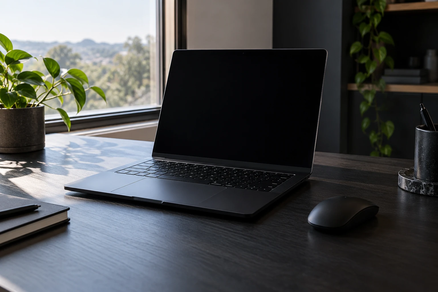 Ordinateur portable noir fermé sur bureau en bois, souris et plante près de la fenêtre