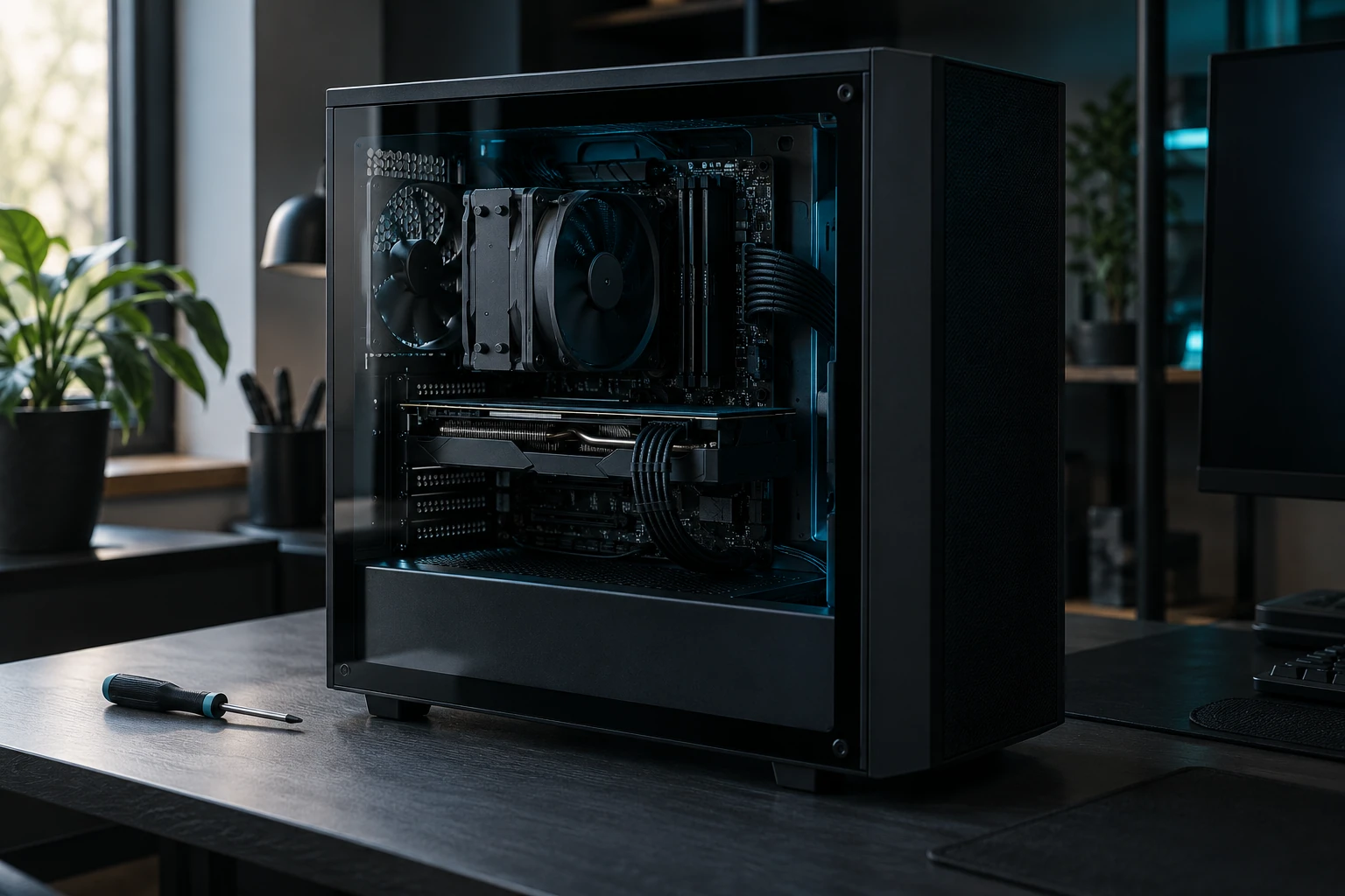 Boîtier PC gamer ouvert sur bureau, composants installés, tournevis à côté