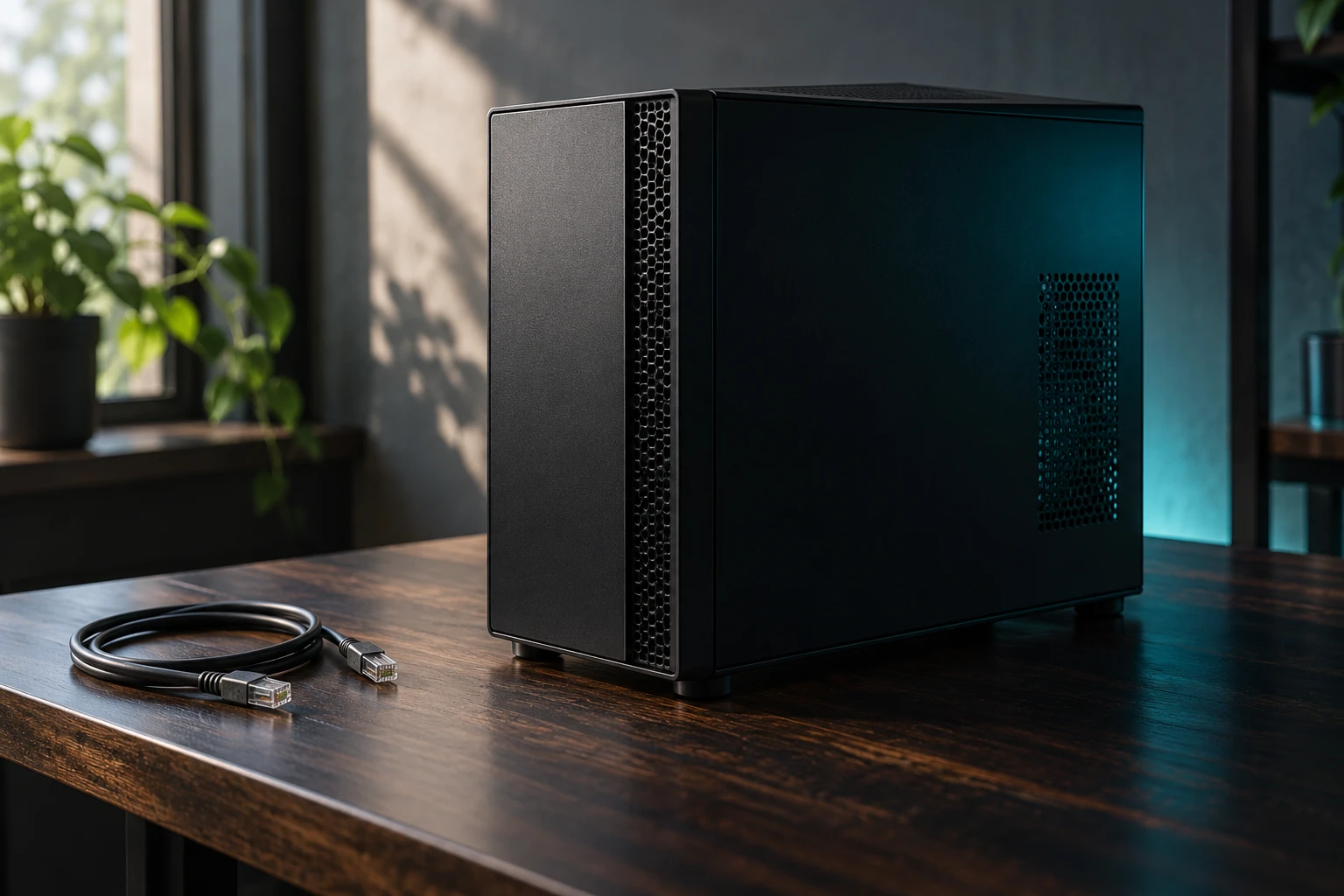 Boîtier d'ordinateur noir sur table en bois, câble Ethernet à côté, lumière douce