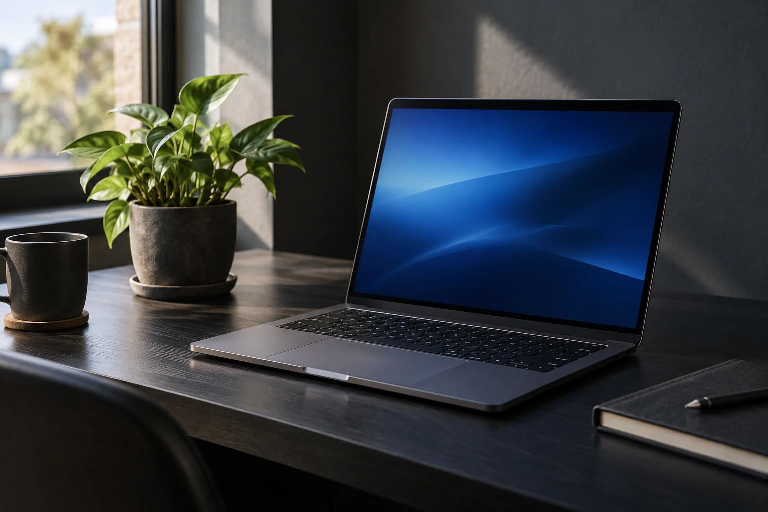 Ordinateur portable allumé sur bureau sombre près d'une plante et d'un carnet