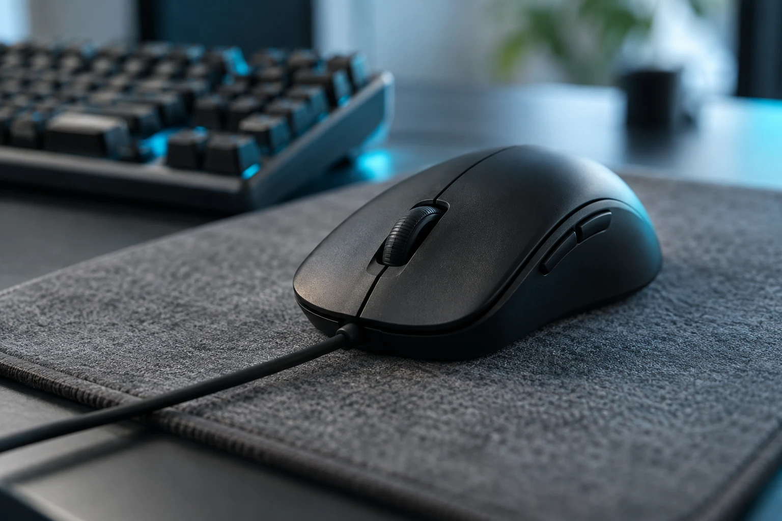Souris filaire noire posée sur tapis de souris gris, clavier rétroéclairé en arrière-plan